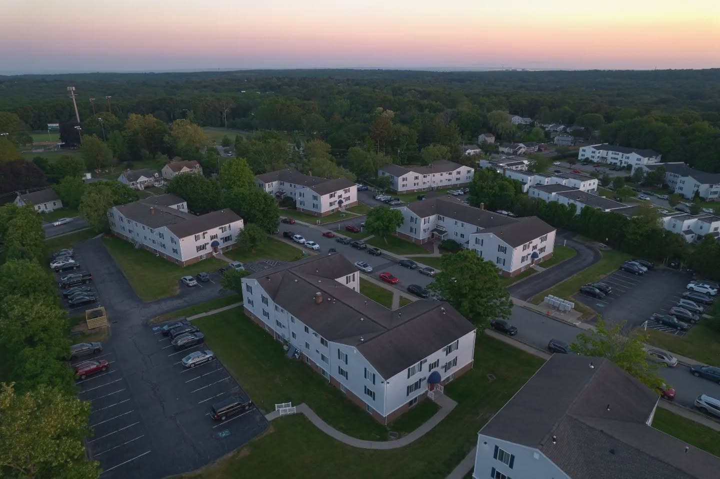Aerial view of Eagle Pointe Apartments in New London, Connecticut, at sunset