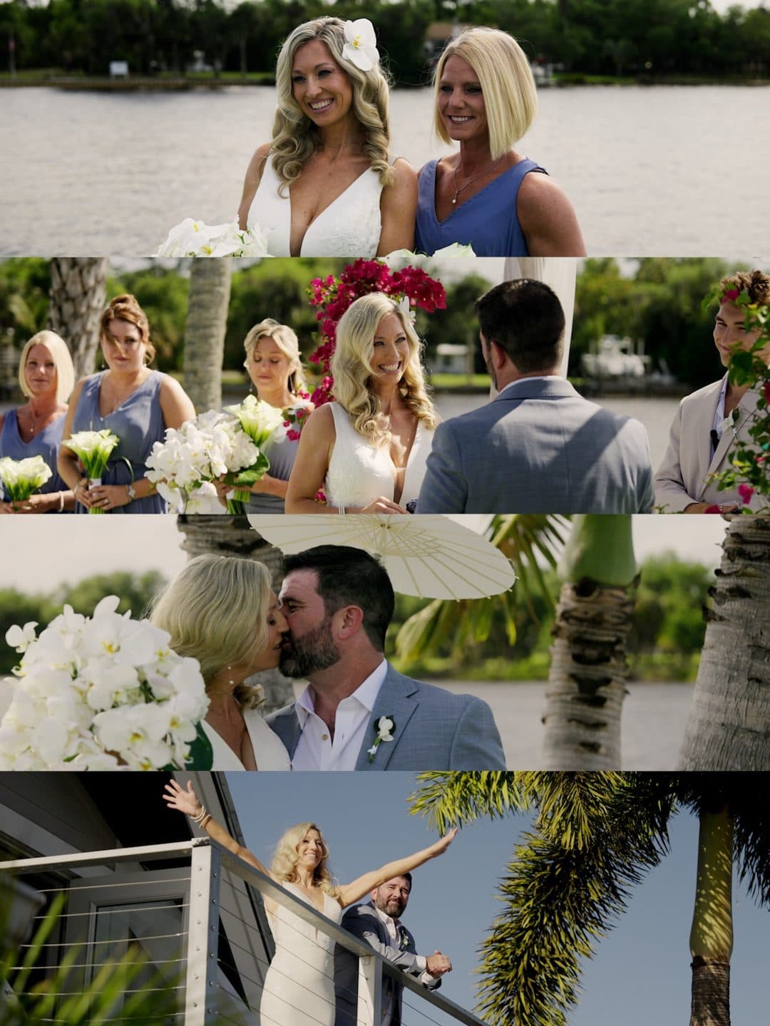 Four frames from Andrea and Kevin's Fort Myers wedding: bridesmaids, the ceremony, a kiss and the couple on a balcony