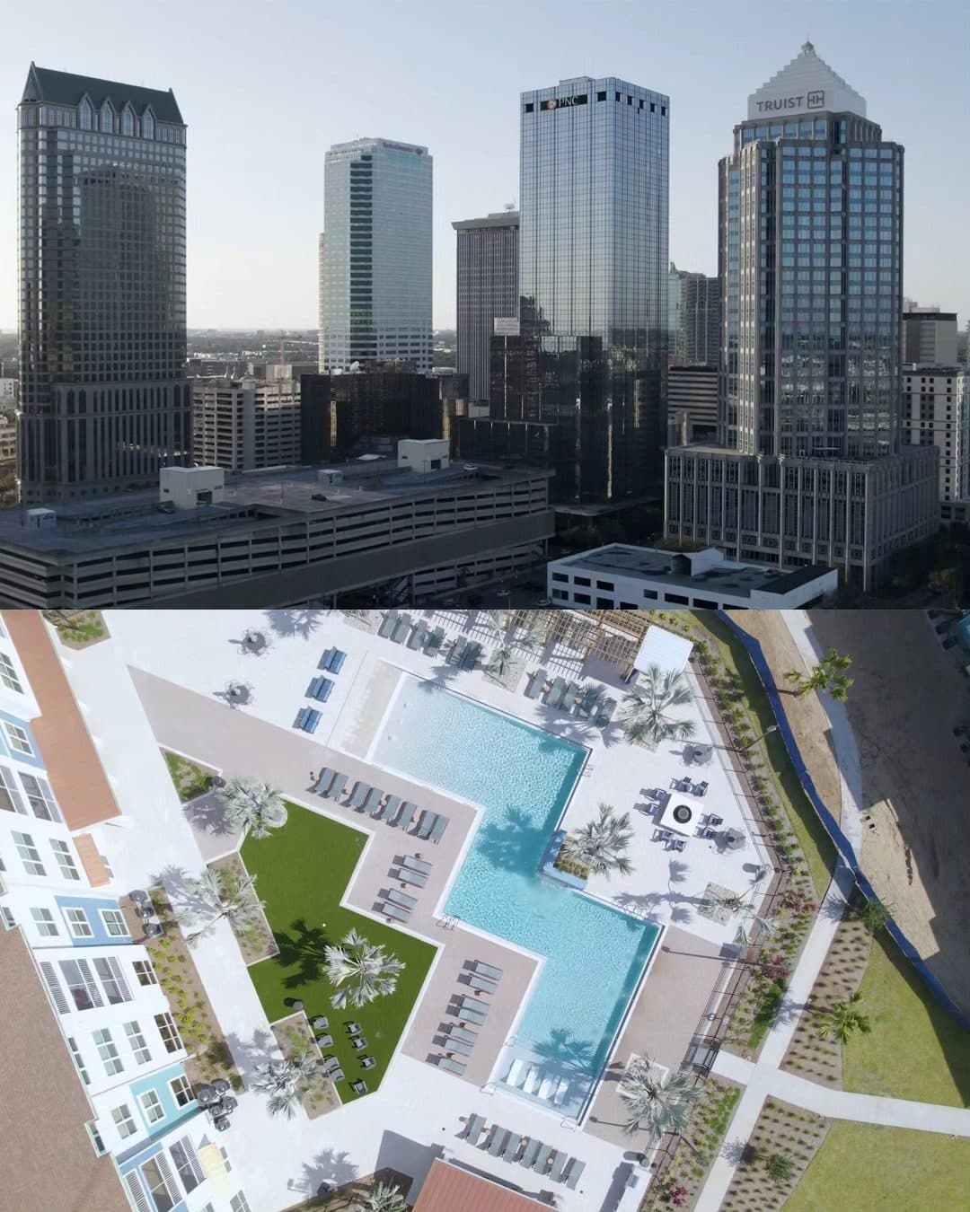 Two drone shots: downtown Tampa towers above an apartment complex under renovation in Davenport, Florida